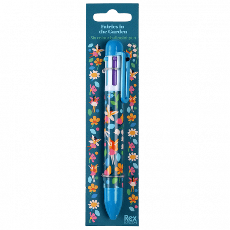 Six colour ballpoint pen with fairies among flowers print in packaging