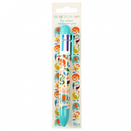 Six colour ballpoint pen with colourful wild animal print in packaging