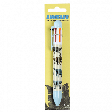 Six colour ballpoint pen with dinosaur print in packaging