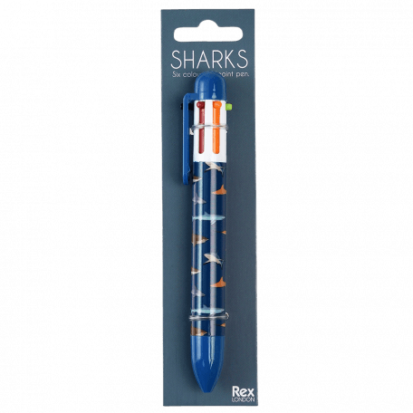 Six colour ballpoint pen with Sharks print in packaging