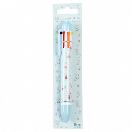 Six colour ballpoint pen with Mimi and Milo mouse print in packaging