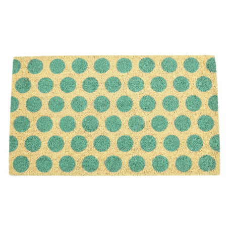 Coir doormat with turquoise spots on natural coloured surface