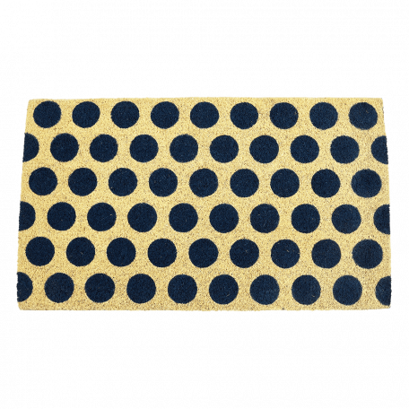 Coir doormat with navy blue spots on natural coloured surface