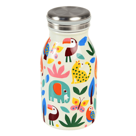 Stainless steel bottle in white with colourful print of wild animals