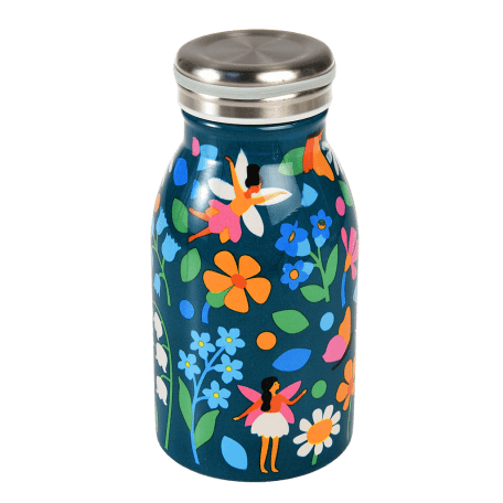 Stainless steel bottle in dark blue with print of fairies among flowers