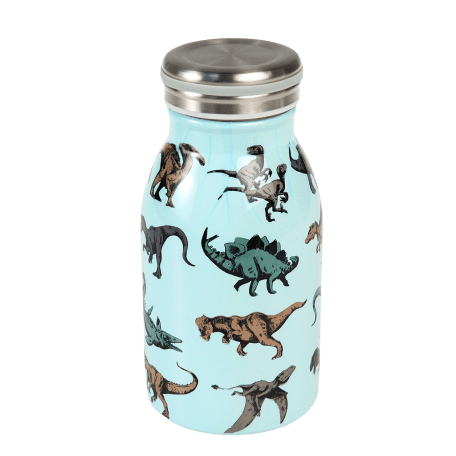 Stainless steel bottle in pale blue with print of dinosaurs