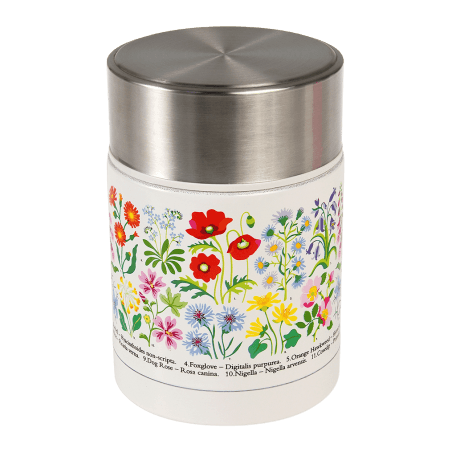 Stainless steel food flask in white with print of British wild flowers