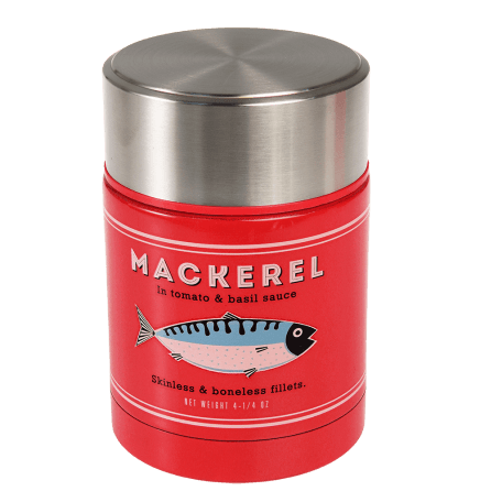 Stainless steel food flask in red with mackerel fish branding