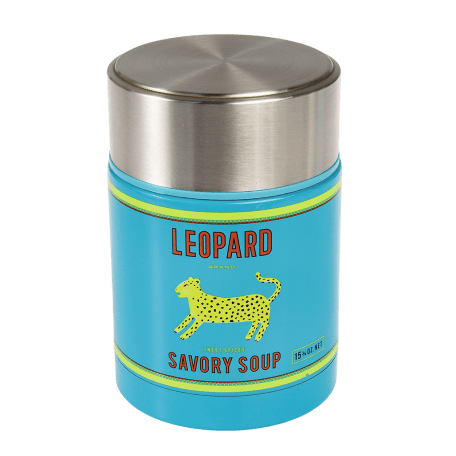 Stainless steel food flask in blue with Leopard Savory Soup branding