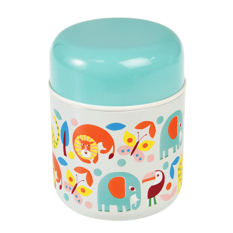 Children's stainless steel food flask in white with print of colourful wild animals and teal lid