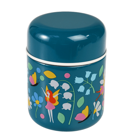 Children's stainless steel food flask in dark blue with print of fairies among flowers