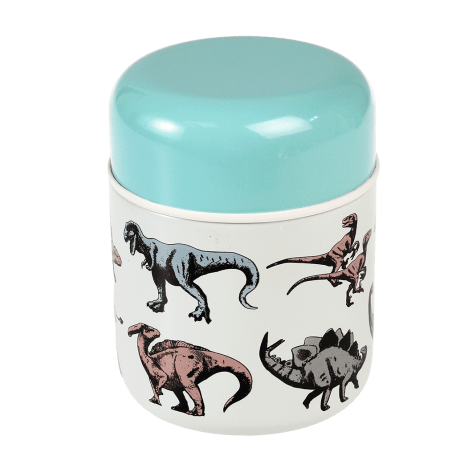 Children's stainless steel food flask in ecru with print of various dinosaurs and teal lid