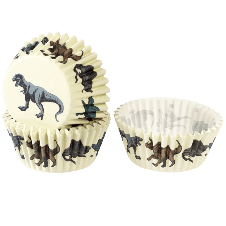 Cupcake cases in ecru with print of dinosaurs