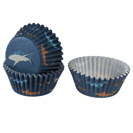 Cupcake cases in dark blue with print of sharks