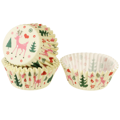 Cupcake cases in ecru with retro style 50s Christmas print