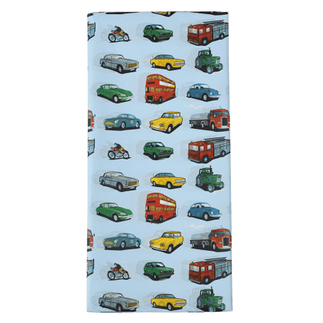 Tissue paper sheets with print of classic cars and other vehicles