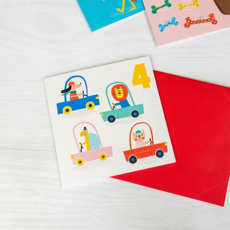 Driving Animals 'four' Birthday Card