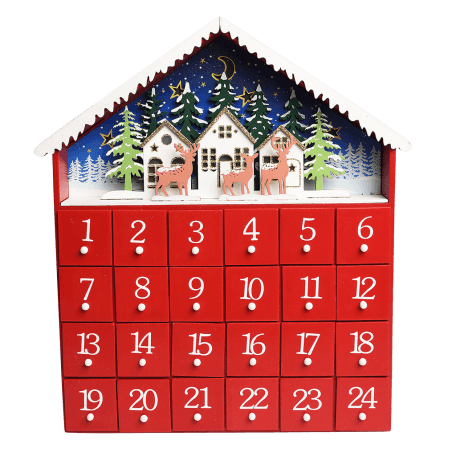 Red House Wooden Advent Calendar With Led Lights