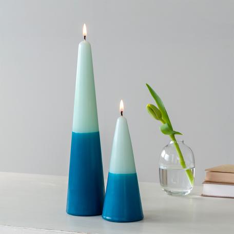 Tall two-colour cone candle - Dark blue-mint green