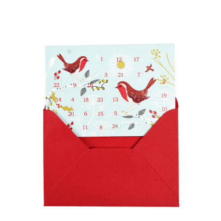 Winter Walk miniature advent calendar card partially inside envelope