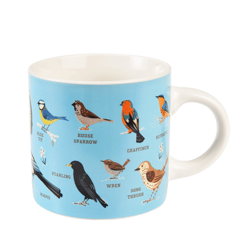 Ceramic mug in light blue and white with print of various garden birds