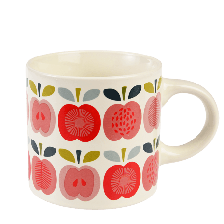 Ceramic mug in white with vintage style print of apples