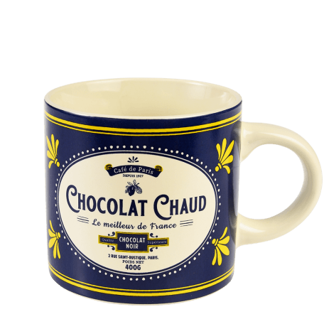 Ceramic mug in white with retro style Parisian cafe branding