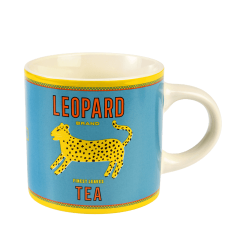 Ceramic mug in white with retro style Leopard Tea branding