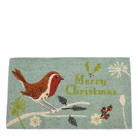 Coir doormat with Christmas print featuring robin perched on tree branch