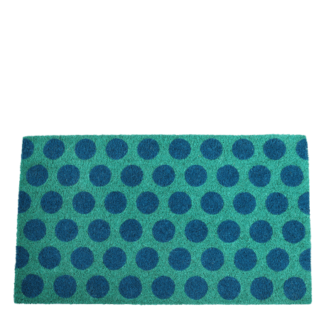 Coir doormat with blue spots on turquoise coloured surface