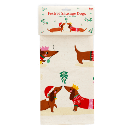 festive sausage dog cotton tea towel