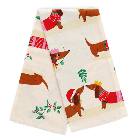 festive sausage dog cotton tea towel