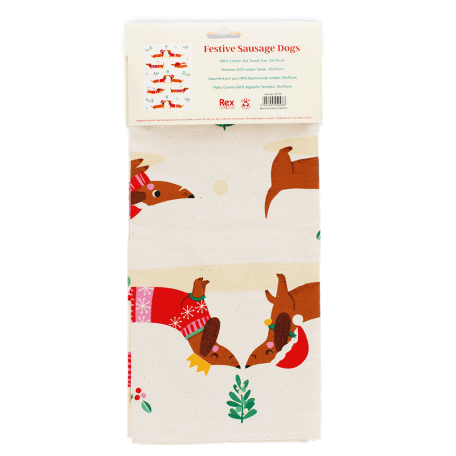 festive sausage dog cotton tea towel