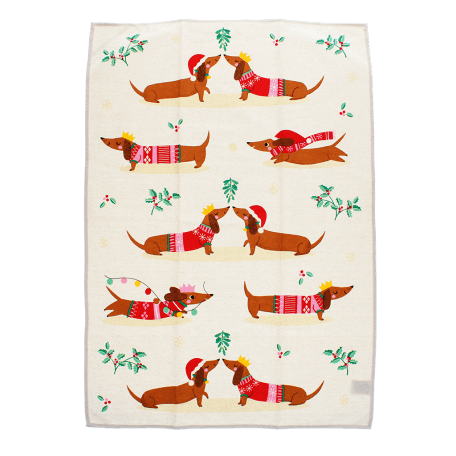 festive sausage dog cotton tea towel