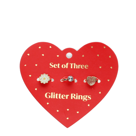 Glitter rings on heart card (set of 3)