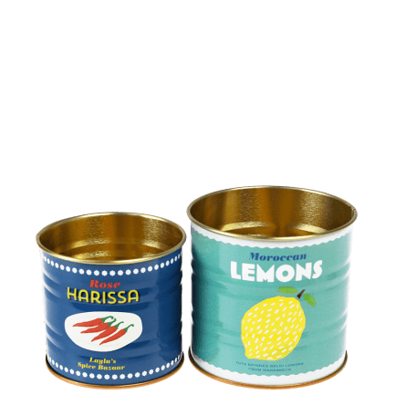 Mini metal storage tins in blue and teal with Moroccan lemons and Rose harissa branding