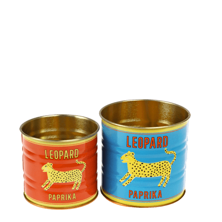 Mini metal storage tins in red and blue with Leopard paprika branding