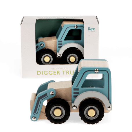 Wooden push along vehicle toy - Digger truck (blue)