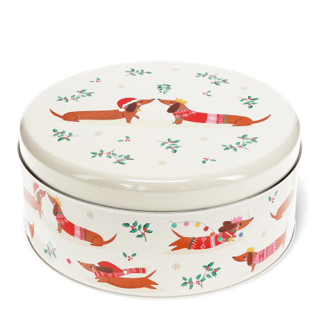 Festive sausage dog cake tin