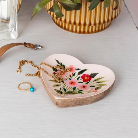 Wooden heart-shaped trinket dish - Flowers