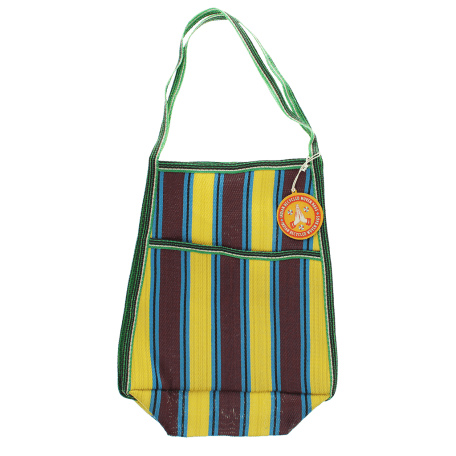 Recycled woven bag with side pocket - Brown, yellow, teal