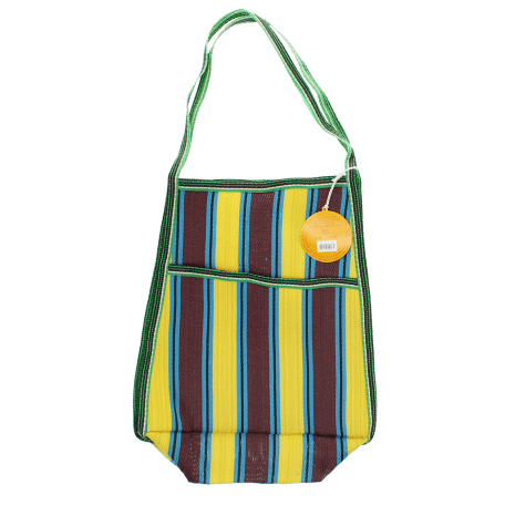 Recycled woven bag with side pocket - Brown, yellow, teal