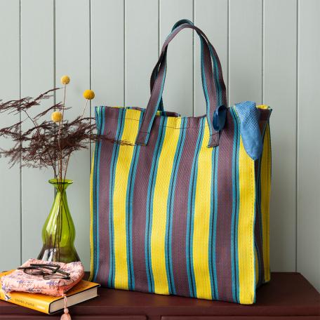 Recycled woven shopping bag - Brown, yellow, teal