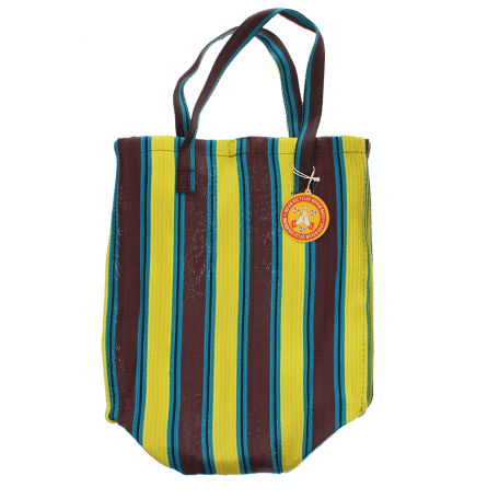 Recycled woven shopping bag - Brown, yellow, teal