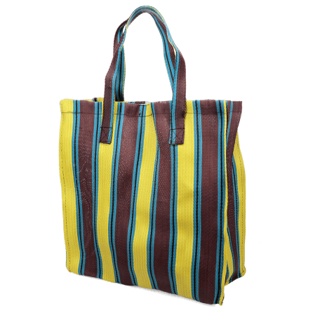 Recycled woven shopping bag - Brown, yellow, teal