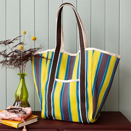 Recycled woven tote bag with canvas handles - Brown, yellow, teal