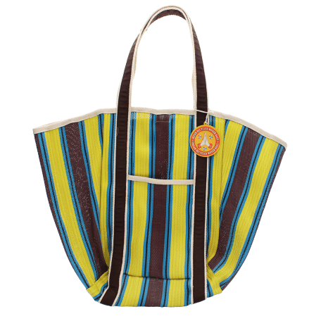 Recycled woven tote bag with canvas handles - Brown, yellow, teal