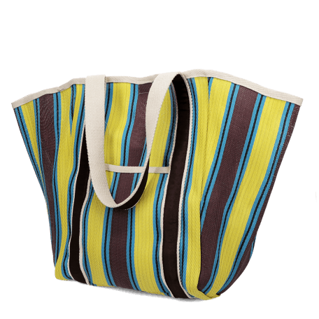 Recycled woven tote bag with canvas handles - Brown, yellow, teal