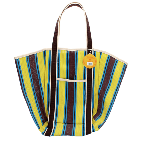 Recycled woven tote bag with canvas handles - Brown, yellow, teal