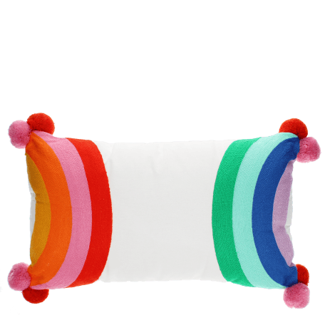 Embroidered cushion with pom poms - Rainbow